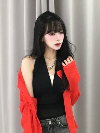 Pure Halter Top Mesh Shirred Sleeveless