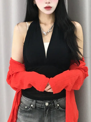Pure Halter Top Mesh Shirred Sleeveless