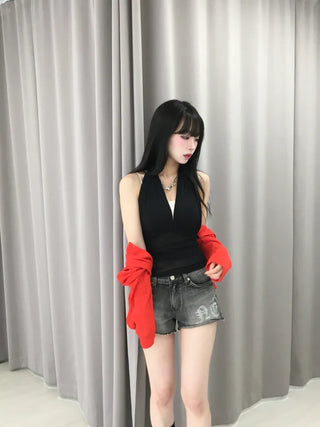 Pure Halter Top Mesh Shirred Sleeveless