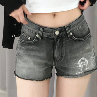 Unique Damaged Cubic Low-Rise Denim Shorts