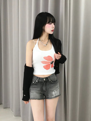 Unique Damaged Cubic Low-Rise Denim Shorts