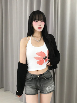 Unique Damaged Cubic Low-Rise Denim Shorts