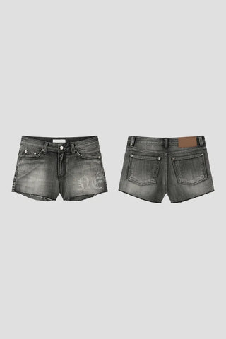 Unique Damaged Cubic Low-Rise Denim Shorts