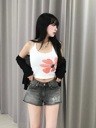 Unique Damaged Cubic Low-Rise Denim Shorts