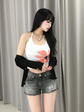 Unique Damaged Cubic Low-Rise Denim Shorts