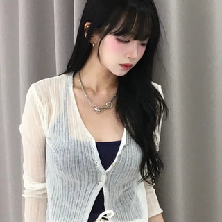Natural Mother-of-Pearl Button See-through Cardigan