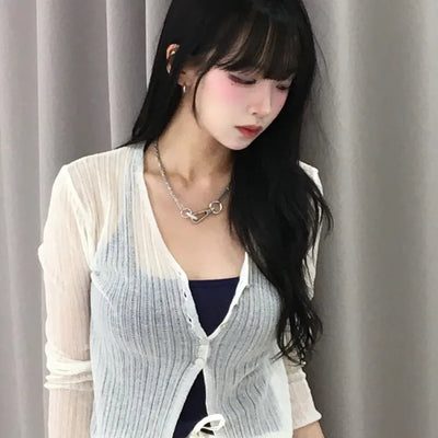 Natural Mother-of-Pearl Button See-through Cardigan