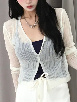 Natural Mother-of-Pearl Button See-through Cardigan