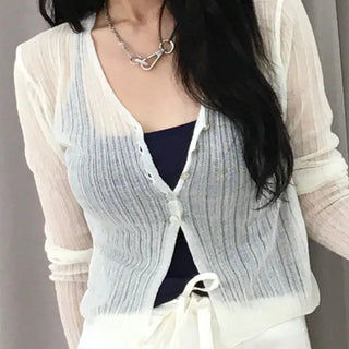 Natural Mother-of-Pearl Button See-through Cardigan