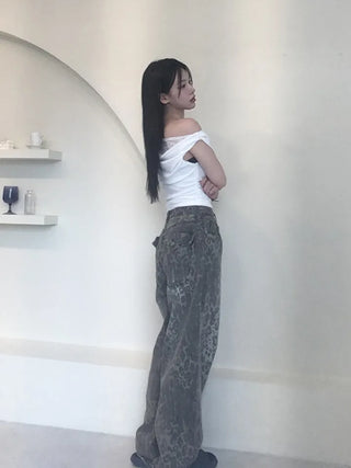 Back Pocket Leopard Wide Cotton Pants