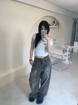 Back Pocket Leopard Wide Cotton Pants