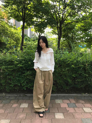 String Balloon Fit Wide Long Pants