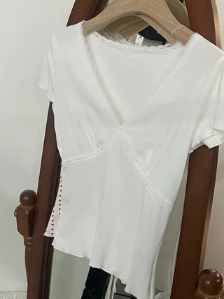 Feminine Lace V-Neck Short Sleeve T-Shirt