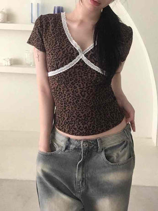 Feminine Lace V-Neck Short Sleeve T-Shirt