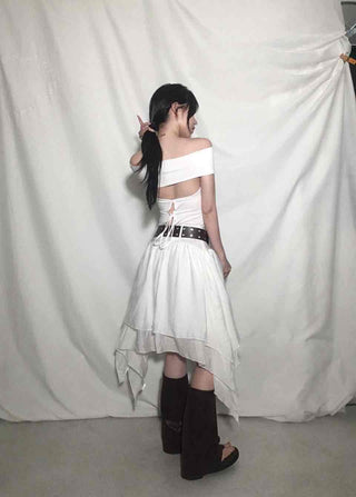 Backless Ribbon Slim Fit Off-Shoulder T-Shirt