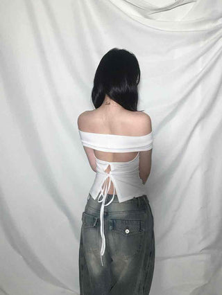 Backless Ribbon Slim Fit Off-Shoulder T-Shirt