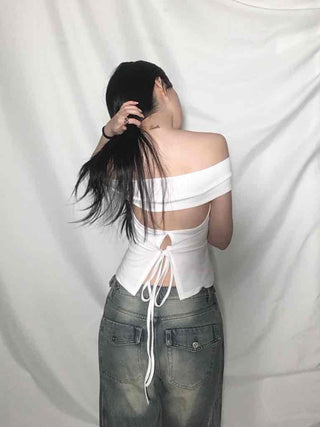 Backless Ribbon Slim Fit Off-Shoulder T-Shirt
