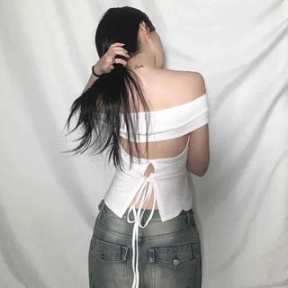 Backless Ribbon Slim Fit Off-Shoulder T-Shirt
