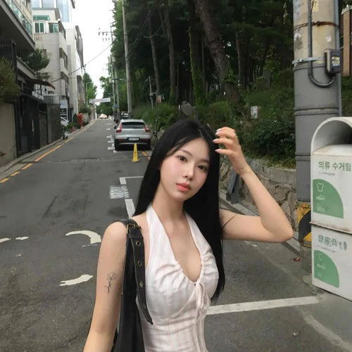 Youth Striped Deep Halter Neck Sleeveless