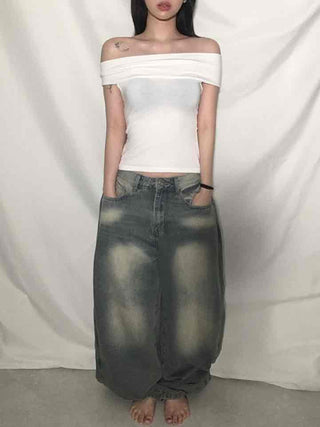Back Pocket Low-Rise Denim Wide Pants