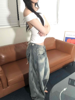Back Pocket Low-Rise Denim Wide Pants