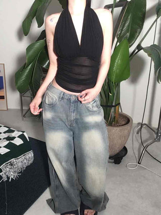 Back Pocket Low-Rise Denim Wide Pants