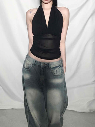 Back Pocket Low-Rise Denim Wide Pants