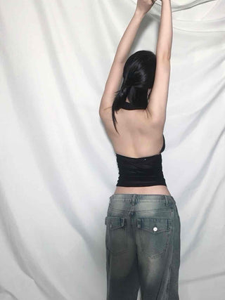Back Pocket Low-Rise Denim Wide Pants