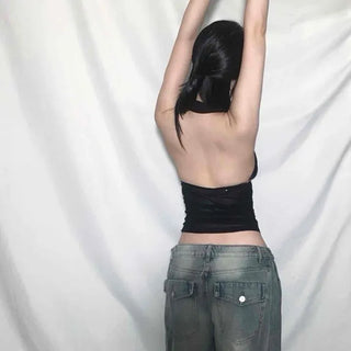 Back Pocket Low-Rise Denim Wide Pants