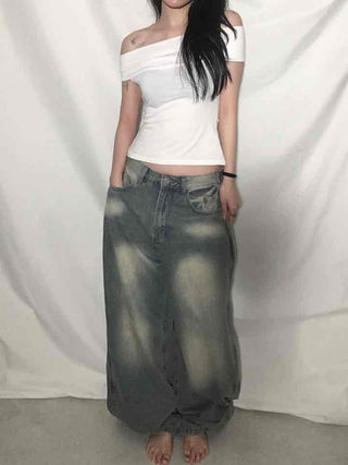 Back Pocket Low-Rise Denim Wide Pants