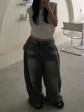 Back Pocket Low-Rise Denim Wide Pants