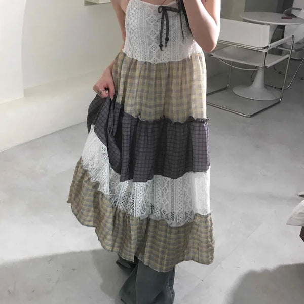 Vintage check lace tiered long dress