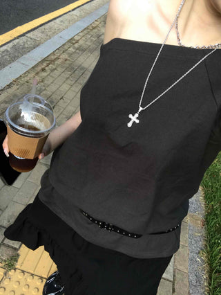 Plain Asymmetrical Off-Shoulder Short-Sleeve T-Shirt