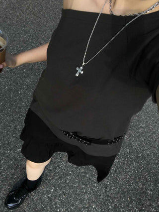 Plain Asymmetrical Off-Shoulder Short-Sleeve T-Shirt