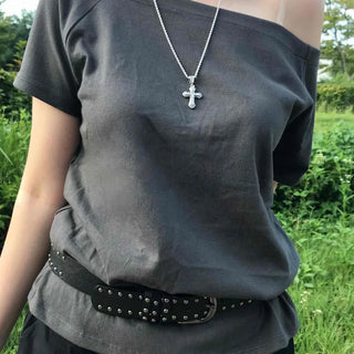 Plain Asymmetrical Off-Shoulder Short-Sleeve T-Shirt