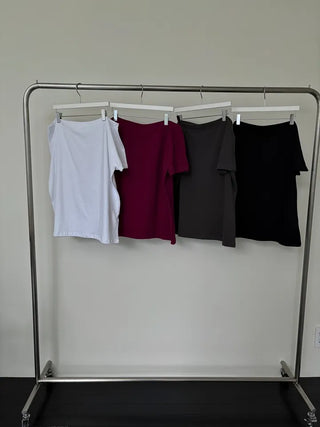 Plain Asymmetrical Off-Shoulder Short-Sleeve T-Shirt