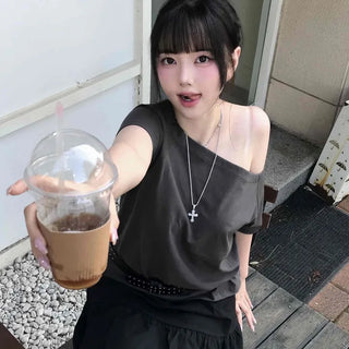 Plain Asymmetrical Off-Shoulder Short-Sleeve T-Shirt