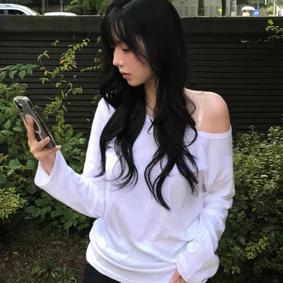 Delicate Fit Natural Long Sleeve Off-Shoulder T-Shirt