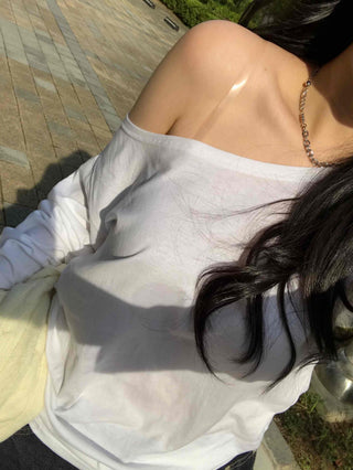 Delicate Fit Natural Long Sleeve Off-Shoulder T-Shirt