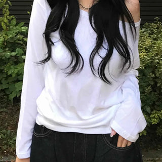 Delicate Fit Natural Long Sleeve Off-Shoulder T-Shirt