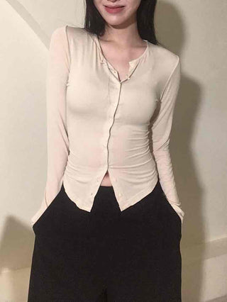 Cinched Waist Stretch Shirt Cardigan