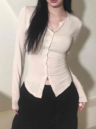 Cinched Waist Stretch Shirt Cardigan