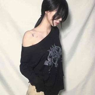 Vintage Tattoo Print Off-Shoulder Loose Tee