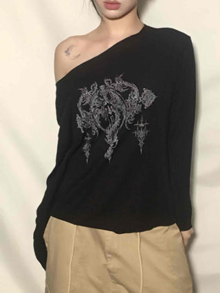 Vintage Tattoo Print Off-Shoulder Loose Tee
