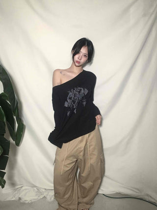 Vintage Tattoo Print Off-Shoulder Loose Tee
