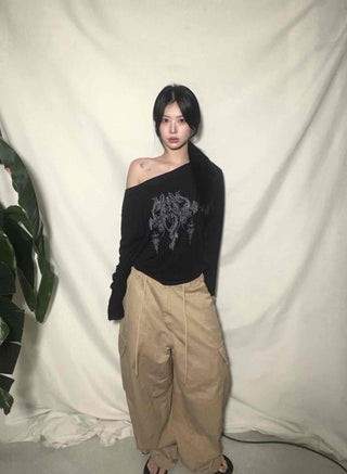 Vintage Tattoo Print Off-Shoulder Loose Tee