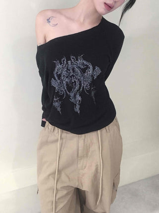 Vintage Tattoo Print Off-Shoulder Loose Tee