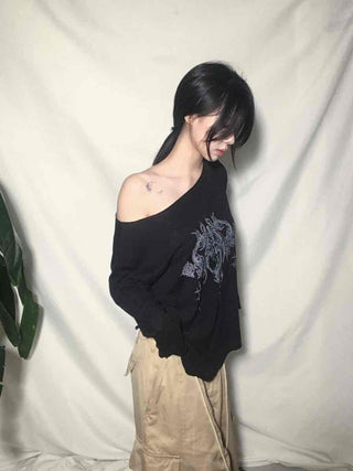 Vintage Tattoo Print Off-Shoulder Loose Tee