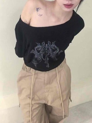 Vintage Tattoo Print Off-Shoulder Loose Tee