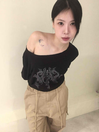 Vintage Tattoo Print Off-Shoulder Loose Tee